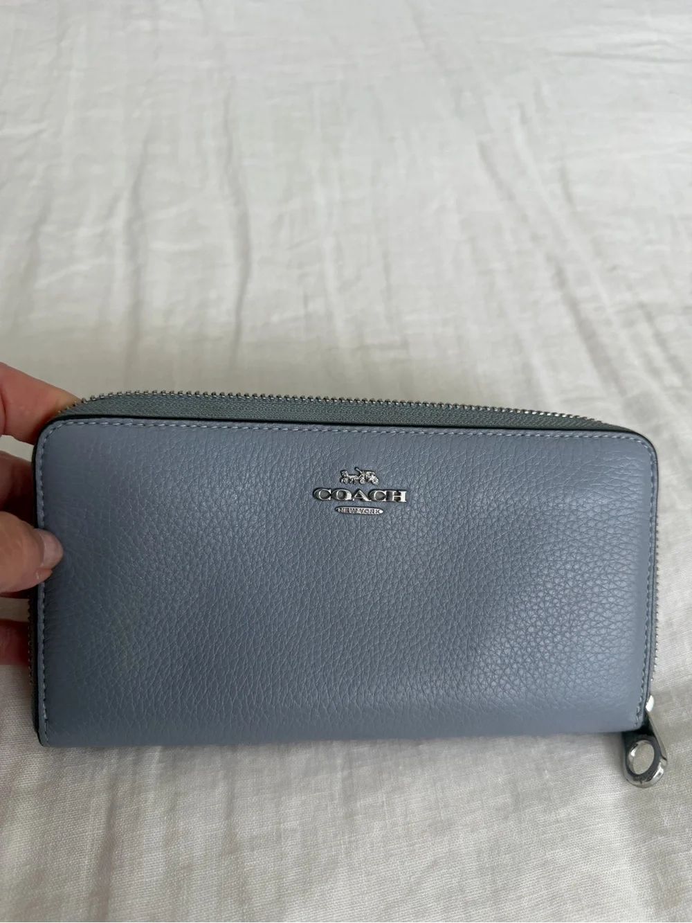 Coach Pebble Leather Zip Wallet in Dusty Lt Blue in Excellent Condition